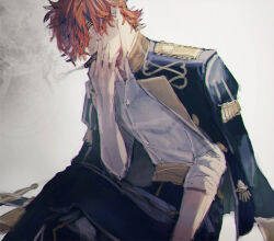 1boy arm_up black_jacket black_pants cigar collared_jacket collared_shirt crossed_legs fire_emblem fire_emblem:_three_houses garreg_mach_monastery_uniform gold_trim hair_behind_ear hair_over_one_eye holding holding_cigar jacket jacket_on_shoulders lapels looking_at_viewer male_focus nintendo one_eye_covered open_collar pants parted_bangs popped_collar red_hair shirt shirt_tucked_in short_hair sleeves_rolled_up smoke smoking solo sword sylvain_jose_gautier tassel tsukimura_noe weapon white_shirt