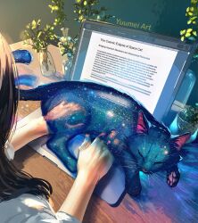 1girl animal animal_focus artist_name cat commentary computer english_commentary english_text highres laptop long_sleeves original plant sitting space_cat_(yuumei) space_print starry_sky_print vase writing yuumei