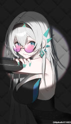 1girl absurdres alphaart bare_shoulders black_dress black_hairband breasts closed_mouth commentary dress earrings fingernails firefly_(honkai:_star_rail) firefly_(on_the_journey)_(honkai:_star_rail) gradient-tinted_eyewear green_eyes green_nails green_pupils grey_hair hairband highres honkai:_star_rail honkai_(series) jewelry large_breasts long_fingernails long_hair looking_at_viewer nail_polish official_alternate_costume paid_reward_available pink-tinted_eyewear round_eyewear smile solo sunglasses tinted_eyewear twitter_username upper_body very_long_hair