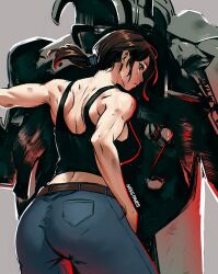 1girl armor artist_name bare_shoulders belt black_hair black_tank_top brown_belt fallout_(prime_video) fallout from_side grey_background lucy_maclean miss_faves muscular muscular_female pants ponytail power_armor solo tank_top