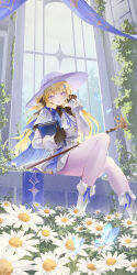 1girl absurdres black_collar black_gloves blonde_hair book chigusa7h closed_mouth collar commentary gloves hair_ornament hat highres holding holding_book long_hair long_sleeves looking_at_viewer pantyhose phoebe_(wuthering_waves) purple_eyes shirt sitting skirt smile solo very_long_hair white_hat white_pantyhose white_shirt white_skirt wuthering_waves x_hair_ornament