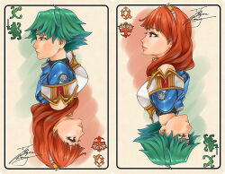 1boy 1girl alm_(fire_emblem) armor blue_armor breastplate card celica_(fire_emblem) choker couple fadingz fire_emblem fire_emblem_echoes:_shadows_of_valentia from_side green_eyes green_hair hetero king long_hair nintendo orange_eyes orange_hair playing_card poker prince princess queen red_eyes red_hair short_hair tiara white_armor