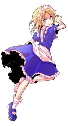 1girl alphes_(style) apron arm_at_side ascot bare_arms blonde_hair blue_shoes bobby_socks closed_mouth commentary_request dairi dress frilled_dress frills full_body highres large_variant_set maid maid_headdress mary_janes mugetsu_(touhou) parody puffy_short_sleeves puffy_sleeves red_ascot shoes short_hair short_sleeves socks solo style_parody tearing_up touhou touhou_(pc-98) transparent_background variant_set waist_apron white_apron white_socks yellow_eyes