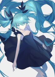 1girl a0akumu bare_arms black_dress blue_eyes blue_hair closed_mouth collarbone colored_eyelashes cowboy_shot dress expressionless flat_chest floating_clothes floating_hair hashtag-only_commentary hatsune_miku highres long_hair looking_at_viewer shinkai_shoujo_(vocaloid) short_dress simple_background single-shoulder_dress sleeveless sleeveless_dress solo twintails very_long_hair vocaloid white_background