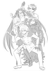 Rule 34 | 2boys, 3girls, braid, chewing gum, choo choo train, coat, fate/grand order, fate (series), fujimaru ritsuka (male), fur-trimmed coat, fur trim, glasses, gloves, greyscale, hair over one eye, hand on own thigh, highres, kadoc zemlupus, long hair, mash kyrielight, monochrome, multiple boys, multiple girls, nakatani (naka6130), smile, twintails, twitter username, white background, yu mei-ren (fate), yu mei-ren (first ascension) (fate), yu mei-ren (swimsuit lancer) (fate)
