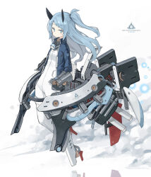 1girl blue_eyes blue_hair blue_jacket bodysuit closed_mouth commentary_request highres horns jacket long_hair looking_at_viewer mecha_musume one_side_up open_clothes open_jacket original poco_(asahi_age) smoke solo white_background white_bodysuit