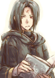 1boy book commentary_request facial_mark fire_emblem fire_emblem:_path_of_radiance forehead_mark holding holding_book hood hood_down lowres male_focus nintendo open_book red_eyes simple_background solo soren_(fire_emblem) upper_body yokutsuki_noa