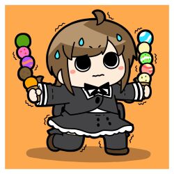 1girl ahoge assault_lily balancing black_ribbon black_skirt black_thighhighs blush border brown_hair brown_shoes buttons chibi closed_mouth commentary cropped_jacket food full_body hands_up high-waist_skirt highres holding holding_food holding_ice_cream ice_cream ice_cream_cone konpeitoull_(c12h22o11_tr_6) long_hair long_sleeves looking_ahead looking_up miniskirt mundane_utility neck_ribbon on_one_knee orange_background outstretched_arms ribbon rokkaku_shiori school_uniform shoes simple_background skirt solid_circle_pupils solo sweat thighhighs too_many too_many_scoops trembling v-shaped_eyebrows wavy_mouth white_border yurigaoka_girls_academy_school_uniform