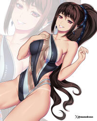 Rule 34 | 1girl, black hair, black one-piece swimsuit, breasts, brown eyes, covered navel, earrings, etchimune, eve (stellar blade), grey one-piece swimsuit, highleg, highleg one-piece swimsuit, jewelry, large breasts, long hair, looking at viewer, one-piece swimsuit, parted lips, ponytail, see-through clothes, see-through one-piece swimsuit, single bare shoulder, smile, solo, stellar blade, swimsuit, twitter username, very long hair, white background, zoom layer