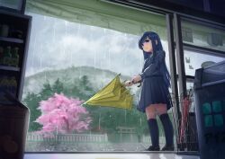 1girl absurdres black_shoes blue_eyes blue_hair blue_ribbon blue_sailor_collar blue_shirt blue_skirt blue_socks cevio cherry_blossoms closed_umbrella cloud cloudy_sky from_below full_body futaba_minato grey_sky hair_ornament hairclip highres holding holding_umbrella kneehighs loafers long_hair long_sleeves looking_at_viewer mountain official_alternate_costume open_mouth petrasche_(kunio_miracle) pleated_skirt rain ribbon sailor_collar school_uniform shirt shoes skirt sky socks solo spring_(season) standing swept_bangs torii tree umbrella water_drop yellow_umbrella