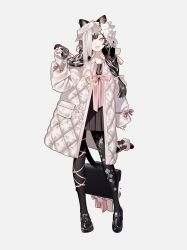 Rule 34 | 1girl, animal ears, black hair, black pantyhose, black shoes, braid, cat ears, coat, commission, full body, grabbing own hair, grin, hair ornament, hair ribbon, hand up, highres, holding, holding own hair, long sleeves, looking at viewer, nanoka san, original, pantyhose, parted bangs, pink ribbon, ribbon, shoes, simple background, slit pupils, smile, solo, standing, teeth, twin braids, white background, white coat, white ribbon