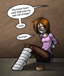Rule 34 | 1girl, aeria, arms behind back, bdsm, blush, bondage, bound, bound ankles, bound feet, bound legs, bound wrists, breasts, brown eyes, brown hair, denim, gag, gagged, improvised gag, legs, medium breasts, pink shirt, shirt, struggling, tape, tape bondage, tape gag, thighs, wossarem