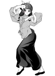 Rule 34 | 1girl, bandages, chinese clothes, commentary, expressionless, eyelashes, freckles, greyscale, hair ornament, higashikata josuke&#039;s pose (jojo), highres, jojo pose, kusuriya no hitorigoto, looking at viewer, low twintails, maomao (kusuriya no hitorigoto), medium hair, monochrome, solo, standing, sukeno yoshiaki, symbol-only commentary, twintails