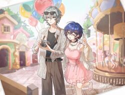1boy 1girl alternate_costume artist_name balloon belle_(zenless_zone_zero) belt black_belt black_choker blue_hair brother_and_sister brown_pants camera cardigan carousel choker dress earrings eyewear_on_head green_eyes grey_hair hair_between_eyes hair_ornament highres holding holding_camera jewelry letter_hair_ornament looking_at_viewer moyaoyaoyaoyao_r necklace one_eye_closed open_cardigan open_clothes pants pink_dress pink_shoes shirt_partially_tucked_in shoes siblings striped_clothes twitter_username v wise_(zenless_zone_zero) zenless_zone_zero