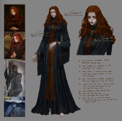 1girl alternate_costume ascot barefoot blue_robe bracelet breasts brooch commentary elden_ring english_commentary english_text feet gem gravitydusty highres jewelry long_hair lunar_princess_ranni makeup medium_breasts multiple_views ornate_clothes outstretched_hand pale_skin ranni_the_witch red_ascot red_hair red_lips red_ribbon reference_inset ribbon ring robe signature tall_female wavy_hair yellow_eyes
