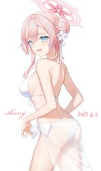 1girl absurdres artist_name ass bikini blue_archive blue_eyes blush bow bow_bikini breasts bun_with_braided_base commentary_request dated fu_shang hair_between_eyes hair_bun halo highres large_breasts looking_at_viewer mimori_(blue_archive) mimori_(swimsuit)_(blue_archive) official_alternate_costume official_alternate_hairstyle open_mouth pink_hair pink_halo sarong see-through_clothes see-through_sarong simple_background single_hair_bun single_side_bun solo swimsuit white_background white_bikini white_bow