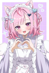 Rule 34 | 1girl, :3, ahoge, angel wings, animal ears, apron, bandaid, bandaid hair ornament, blush, border, bow, braid, braided hair rings, breasts, cat ears, cat girl, extra ears, fingernails, frilled apron, frills, ghost hair ornament, grid background, hair bow, hair ornament, hair rings, hairclip, heart, heart hair ornament, heart hands, highres, indie virtual youtuber, japanese clothes, kimono, large breasts, long sleeves, looking at viewer, maid, maid headdress, medium hair, nail polish, open mouth, paw print, pink background, pink eyes, pink hair, pink nails, purple bow, purple kimono, rumurumu, smile, solo, virtual youtuber, white apron, white border, white wings, wide sleeves, wings, yuuki sakuna, yuuki sakuna (2nd costume)