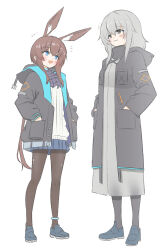 +++ 2girls :3 :d amiya_(arknights) animal_ears anklet arknights ascot black_coat black_jacket black_pantyhose blue_eyes blue_footwear blue_skirt blush brown_hair brown_pantyhose closed_mouth coat commentary doctor_(arknights) dress eye_contact female_doctor_(arknights) full_body geneakarin grey_dress grey_eyes grey_hair grey_sweater hair_between_eyes hands_in_pockets highres hood hood_down hooded_coat hooded_jacket jacket jewelry long_hair long_sleeves looking_at_another medium_hair multiple_girls open_clothes open_coat open_jacket open_mouth pantyhose pleated_skirt purple_ascot rabbit_ears shoes simple_background skirt smile standing sweater very_long_hair white_background