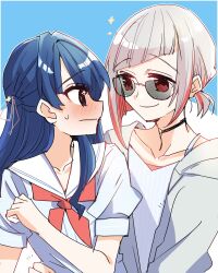 Rule 34 | 2girls, alternate costume, black choker, blue background, blue camisole, blue dress, blue eyes, blue hair, blue ribbon, blush, camisole, casual, choker, closed mouth, collarbone, colored inner hair, commentary request, diagonal bangs, dollchestra, dress, eye contact, grey hair, grey jacket, hair ornament, hair ribbon, half updo, hasu no sora school uniform, highres, jacket, kanduki kamibukuro, link! like! love live!, looking at another, love live!, multicolored hair, multiple girls, murano sayaka, open clothes, open jacket, profile, puffy short sleeves, puffy sleeves, red eyes, red hair, red ribbon, ribbon, sailor collar, sailor dress, school uniform, short sleeves, simple background, sparkle, star (symbol), star hair ornament, streaked hair, summer uniform, sunglasses, sweatdrop, upper body, virtual youtuber, white sailor collar, yugiri tsuzuri, yuri