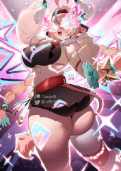 1girl ahoge animal_ears aqua_hair ass bare_shoulders bell bell_earrings belt black_skirt black_sports_bra braid breasts cow_ears cow_girl cow_horns cow_tail cropped_vest detached_sleeves earrings framed_breasts genshin_impact hairband highres horns jewelry kneehighs large_breasts long_hair looking_back low_twin_braids mask midriff miniskirt multicolored_hair open_mouth pink_hair single_thighhigh skirt socks solo sparkle sports_bra streaked_hair tail thighhighs thighs twin_braids varesa_(genshin_impact) vest white_thighhighs yellow_vest zasshu