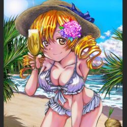 1girl beach blonde_hair blue_sky breasts cleavage cloud coconut commentary_request cup day drill_hair drinking_glass flower hair_flower hair_ornament holding holding_cup large_breasts mahou_shoujo_madoka_magica palm_leaf purple_flower shore sky solo tomoe_mami twin_drills ura47869454 water yellow_eyes