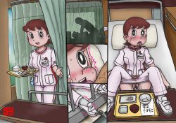 Rule 34 | 1boy, 1girl, aftersex, bed, blush, brown hair, clothed sex, clothes pull, cum, cum in pussy, empty eyes, hetero, lying, nurse, on back, pants, pants pull, pussy, shoes, sneakers, tears, tongue, tongue out