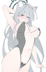 Rule 34 | absurdres, animal ears, arm behind head, armpits, blue archive, blue eyes, breasts, grey hair, hair ornament, halo, highres, large breasts, long hair, looking at viewer, navel, one-piece swimsuit, rable, see-through clothes, see-through one-piece swimsuit, shiroko (blue archive), shiroko terror (blue archive), simple background, swimsuit, white background, wolf ears