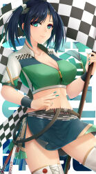 Rule 34 | 1girl, absurdres, blue hair, boots, breasts, cleavage, crop top, flag, green eyes, green nails, highres, holding, holding flag, kantai collection, looking at viewer, midriff, miniskirt, pencil skirt, race queen, seiya (iiseven), skirt, smile, solo, souryuu (kancolle), two side up, white boots, zipper