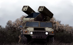 1girl an/twq-1_avenger blue_hair dead-robot gloves grass humvee long_hair looking_at_viewer low_ponytail midriff military military_truck military_vehicle missile_launcher missile_pod missile_vehicle motor_vehicle multiple_rocket_launcher original outdoors ponytail rocket_launcher shorts sky solo standing standing_on_one_leg tank_top transporter_erector_launcher tree truck weapon