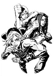 3girls arms_up bare_shoulders braid braided_ponytail clenched_hands closed_mouth commentary_request double_bun dreadlocks ermes_costello eyelashes foo_fighters_(jojo) greyscale hair_bun halterneck highres jojo_no_kimyou_na_bouken kuujou_jolyne long_hair looking_at_viewer monochrome multiple_girls nobita_(makoto7060355) overalls pants parted_lips patch photo-referenced raised_fist serious shirt shoes short_hair simple_background sleeveless sleeveless_shirt stone_ocean wristband