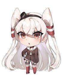 Rule 34 | 1girl, absurdres, amatsukaze (kancolle), brown dress, brown eyes, chestnut mouth, chibi, choker, dress, enneh, garter straps, gloves, grey hair, grey neckerchief, hair tubes, hand on own hip, hat, highres, kantai collection, lifebuoy ornament, long hair, looking at viewer, mini hat, neckerchief, red thighhighs, sailor collar, sailor dress, short dress, simple background, single glove, smokestack hair ornament, solo, striped clothes, striped thighhighs, thighhighs, two side up, watermark, watermark grid, white background, white gloves, white sailor collar