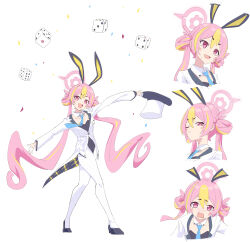 1girl absurdres animal_ears black_leotard black_shoes blonde_hair blue_archive blue_necktie blush blush_stickers coat collarbone detached_collar dice fake_animal_ears fang halo highres koyuki_(blue_archive) koyuki_(bunny)_(blue_archive) leotard long_hair long_sleeves necktie nose_blush official_alternate_costume open_mouth pantyhose pink_eyes pink_hair pink_halo pre_sktch rabbit_ears shoes skin_fang smile solo strapless strapless_leotard twintails white_coat white_pantyhose