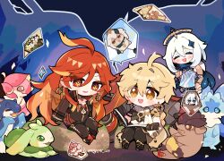 1boy 2girls aether_(genshin_impact) ahoge arm_guards bare_shoulders biker_clothes bikesuit black_gloves black_jacket black_suit blonde_hair bodysuit boots braid brown_footwear brown_pants brown_shirt chibi chibi_only chinese_commentary closed_eyes creature crop_top cropped_jacket detached_collar dress earrings floating flower formal_clothes friends genshin_impact gloves hair_between_eyes hair_flower hair_ornament halo hands_up happy headpiece high_collar highres holding huge_ahoge iktomisaurus_(genshin_impact) jacket jewelry knee_boots knee_up koholasaurus_(genshin_impact) kyou_039 leather leather_jacket leather_suit long_braid long_hair long_sleeves looking_at_viewer mavuika_(genshin_impact) multicolored_hair multiple_girls night open_mouth orange_eyes outdoors paimon_(genshin_impact) pants partially_unzipped qucusaurus_(genshin_impact) red_eyes red_hair scarf shirt short_hair short_sleeves single_braid sitting star_(symbol) star_hair_ornament streaked_hair suit tepetlisaurus_(genshin_impact) wavy_hair white_hair white_scarf wide_sleeves yumkasaurus_(genshin_impact)
