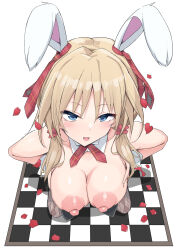 1girl :d animal_ears bare_shoulders blonde_hair blue_eyes blush breast_hold breasts breasts_squeezed_together checkered_floor cleavage commentary_request commission detached_collar foreshortening from_above hair_between_eyes hair_ornament hair_scrunchie hapymaher highres kneeling large_breasts leotard long_hair looking_at_viewer low_twintails neck_ribbon nipples open_mouth paid_reward_available petals playboy_bunny rabbit_ears rabbit_girl red_ribbon red_scrunchie ribbon rose_petals scrunchie simple_background skeb_commission smile solo tikuwazyousyou twintails upper_body upturned_eyes white_background white_wrist_cuffs wrist_cuffs yayoi_b_lutwidge