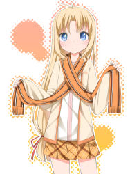 1girl aged_down aquaplus_(company) blazer blonde_hair blue_eyes blush child female_focus flat_chest hair_ribbon highres jacket kashiwagi_hatsune kizuato long_hair ribbon scarf school_uniform shouji_ayumu skirt smile solo