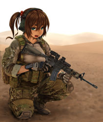 1girl assault_rifle brown_hair camouflage collarbone desert fang female_focus finger_on_trigger gloves green_eyes gun hair_bobbles hair_ornament headset highres holding holding_gun holding_weapon horizon jpc knee_pads kneeling load_bearing_equipment looking_at_viewer m4_carbine military military_operator military_uniform on_one_knee open_mouth original ponytail pouch rifle sky sleeves_rolled_up soldier solo war watch weapon