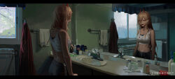 Rule 34 | 1girl, absurdres, artist name, bare arms, bathroom, blonde hair, blood, blood on clothes, blood on face, bottle, branch, chainsaw man, chinese commentary, collarbone, commentary, cotton swab, crop top, cup, demon girl, demon horns, dyanju, electrical outlet, eyelash curler, fang, faucet, glowing, glowing eyes, hair between eyes, highres, horns, indoors, leaf, letterboxed, long hair, looking at viewer, midriff, movie reference, pants, power (chainsaw man), red eyes, reference request, reflection, shampoo bottle, sink, teeth, toothbrush, toothpaste, towel, track pants, upper teeth only, window