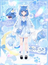 Rule 34 | 1girl, :3, ahoge, amashiro natsuki, animal ears, arms at sides, bag, bandaid, bandaid on knee, bandaid on leg, black shoes, blue bag, blue bow, blue bowtie, blue choker, blue dress, blue hair, blue tail, bow, bow legwear, bowtie, cat ears, cat girl, cat tail, character logo, choker, closed mouth, cloud hair ornament, copyright logo, crescent, crescent hair ornament, crescent print, cross-laced clothes, cross-laced sleeves, crossed bandaids, dress, frilled dress, frills, full body, hair ornament, hair ribbon, highres, indie virtual youtuber, jellyfish, jellyfish hair ornament, kurageu roa, layered sleeves, light blush, logo, looking at viewer, loose socks, mary janes, multicolored hair, official art, outline, paw print, pleated dress, purple eyes, ribbon, ribbon choker, satchel, second-party source, shoes, short dress, short hair, smile, socks, solo, standing, straight-on, streaked hair, tail, two-tone hair, virtual youtuber, white outline, white socks, white streaks, x hair ornament