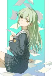 Rule 34 | 1girl, absurdres, aqua background, arm at side, bang dream!, bang dream! it&#039;s mygo!!!!!, blue background, closed mouth, colored eyelashes, cowboy shot, curled fingers, expressionless, falling paper, from side, gradient background, green hair, grey neckerchief, grey serafuku, hair ornament, hairclip, hand rest, hand up, highres, invisible floor, long hair, long sleeves, looking back, miniskirt, neckerchief, outside border, pillarboxed, sailor collar, school uniform, serafuku, sideways glance, signature, sitting, skirt, solo, tsukinomori school uniform, wakaba mutsumi, white sailor collar, winter uniform, yellow eyes, zx277x