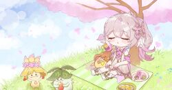 1girl alternate_color alternate_hair_color aranara_(genshin_impact) bare_shoulders blush candied_ajilenakh_nut_(genshin_impact) cherry_blossoms chibi closed_eyes commentary_request day detached_sleeves dress falling_petals genshin_impact gold_trim gradient_hair hair_between_eyes hair_ornament highres leaf_hair_ornament long_hair moco_(moco_8854) multicolored_hair nahida_(genshin_impact) outdoors petals pink_hair pink_sleeves pointy_ears side_ponytail sitting sleeveless sleeveless_dress solo stirrup_legwear toeless_legwear toes white_dress white_hair