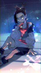1boy absurdres black_hair clenched_teeth commentary_request gloves highres higuchi_megumi holding holding_poke_ball jacket kieran_(pokemon) long_sleeves looking_at_viewer male_focus mole mole_on_neck multicolored_hair nintendo off_shoulder on_floor open_clothes open_jacket poke_ball pokemon pokemon_sv purple_hair red_gloves red_tank_top shoes shorts single_glove sitting socks solo sparkle tank_top teeth yellow_eyes