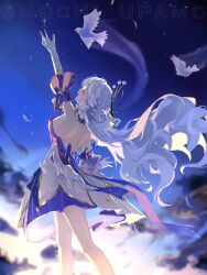1girl absurdres arm_up artist_name backless_dress backless_outfit bare_back bare_legs bare_shoulders bird blue_sky breasts closed_eyes cloud commentary detached_sleeves dress elbow_gloves facing_away gloves gradient_sky halo hand_up head_wings highres honkai:_star_rail honkai_(series) long_hair mochi_upamo music night night_sky purple_dress purple_hair purple_sleeves robin_(honkai:_star_rail) singing sky small_breasts solo two-tone_dress white_dress white_gloves wings