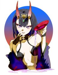 1girl alcohol bowl fate/grand_order fate_(series) horns looking_at_viewer oni purple_eyes sake shuten_douji_(fate) solo yun-yang