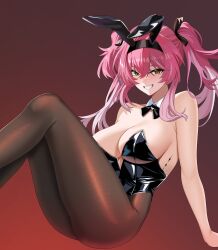 1girl absurdres alternate_costume animal_ear_hairband animal_ears arm_support bare_shoulders black_bow black_bowtie black_leotard black_pantyhose bow bowtie breasts collar commentary detached_collar fake_animal_ears feet_out_of_frame grin hair_between_eyes hairband highres large_breasts leotard long_hair looking_at_viewer lupa_(wuthering_waves) pantyhose pink_hair rabbit_ear_hairband rabbit_ears red_background red_pupils sitting smile solo strapless strapless_leotard tacet_mark_(wuthering_waves) twintails twomoon white_collar wuthering_waves yellow_eyes