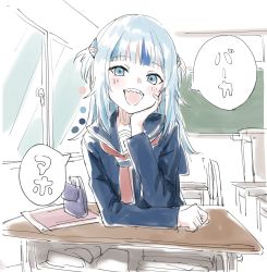 1girl alternate_costume blue_eyes blue_hair blue_shirt blunt_bangs blush chalkboard classroom color_guide commentary desk gawr_gura hand_on_own_chin head_rest highres hololive hololive_english indoors light_blue_hair long_hair looking_at_viewer multicolored_hair open_mouth red_neckwear sailor_collar school_desk school_uniform serafuku sharp_teeth shinoe_nun shirt short_twintails sitting sketch smile solo speech_bubble streaked_hair teeth translated twintails two-tone_hair two_side_up upper_body virtual_youtuber window