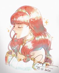 1girl armor breastplate celica_(fire_emblem) choker closed_eyes earrings fire_emblem fire_emblem_echoes:_shadows_of_valentia highres jewelry long_hair melia_art nintendo princess red_hair sparkle tiara white_armor