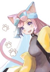 Rule 34 | animal ears, bow-shaped hair, cat ears, cat girl, cat tail, hexagon print, highres, iono (pokemon), jacket, nintendo, pokemon, pokemon sv, ringosan2329, sharp teeth, tail, teeth, x, yellow jacket