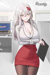1girl alternate_costume artist_name black_pantyhose breasts commentary computer_keyboard computer_mouse crossed_arms doro_(nikke) goddess_of_victory:_nikke hair_ornament highres holding holding_notepad id_card large_breasts long_hair monitor noorung notepad pantyhose pencil_skirt red_skirt sharp_teeth shirt skirt solo teeth white_hair white_shirt yellow_eyes yulha_(nikke)