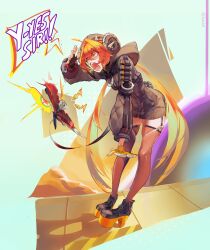 Rule 34 | 1girl, aasm2008, absurdres, ahoge, arm up, beret, black garter straps, black hat, brown thighhighs, commentary, dragon horns, english commentary, english text, garter straps, gloves, green eyes, hat, highres, horns, long sleeves, orange hair, orpheus (zenless zone zero), platform heels, pointy ears, salute, solo, tail, thighhighs, twitter username, yellow gloves, zenless zone zero