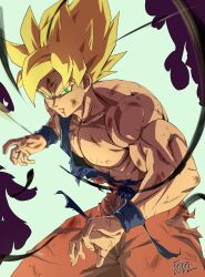 Rule 34 | 1boy, 5002 bus, absurdres, aura, blonde hair, blood, blood from mouth, blue sash, blue shirt, collarbone, cowboy shot, dougi, dragon ball, dragonball z, fighting stance, green eyes, highres, looking at viewer, male focus, muscular, muscular male, orange pants, pants, pectorals, sash, scratches, shirt, signature, solo, son goku, super saiyan, super saiyan 1, torn clothes, torn pants, torn shirt, v-shaped eyebrows